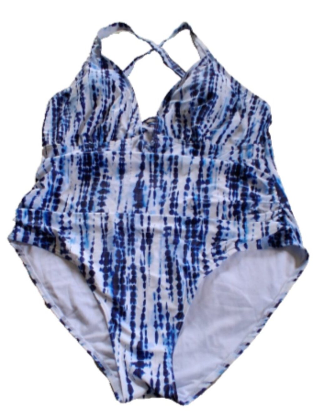 Yonique Women’s Plus 22W 1pc. Blue White Padded Cross Front Strappy Swimsuit NWT